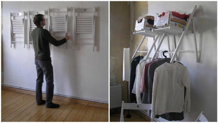 22. How to use common folding chairs to create shelves and an open closet