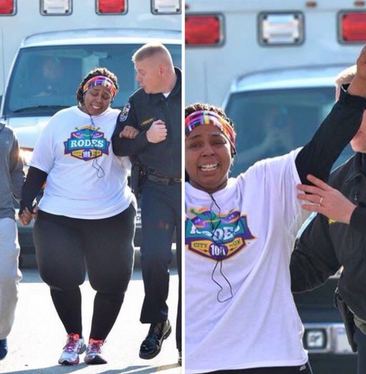 10. A Louisville policeman encourages a woman who has lost 198 lb (90 kg) and is running her first marathon race!