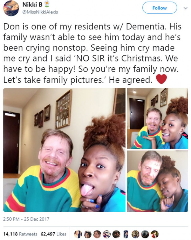 11. This nurse decided to give a "family" Christmas to one of the residents at the nursing home where she works because, unfortunately, his real family could not come to visit him!