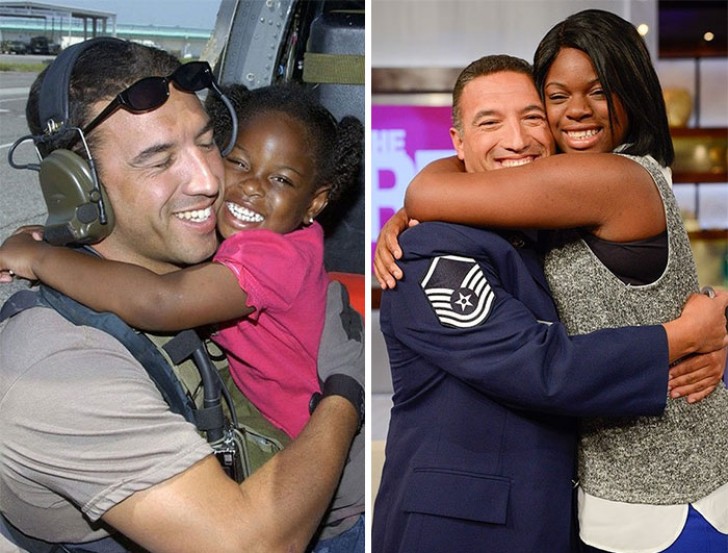 15. Here we see Sgt. Mike Maroney, who is an emergency rescue agent, meet after ten years, a child that he had saved during the natural disaster caused by Hurricane Katrina in 2005.