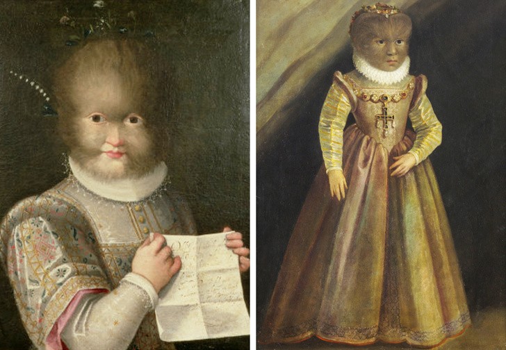 De kinderen van Petrus, Magdalena en Antoinette Gonsalvus in aristocratische kledij. Enkele tientallen jaren later zouden hun grootouders hen verkopen aan piraten voor wat geld.