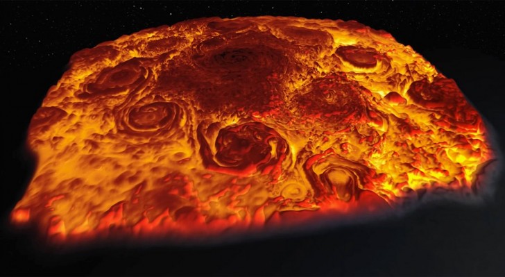2. Tempesta al polo nord del pianeta, ricostruita graficamente grazie ai dati di Juno.