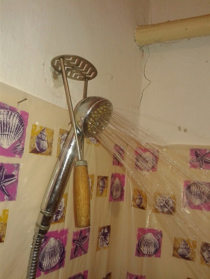 A rudimentary but functional shower head.