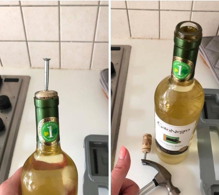 When there is no corkscrew then a nail and a hammer can be very useful, indeed.