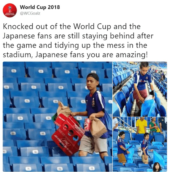 Los seguidores del equipo nacional japones de futbol que limpian las tribunas antes de volver a casa.