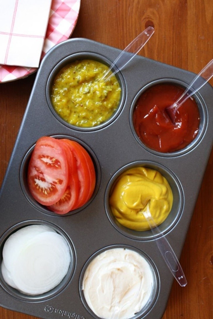 1. Use muffin baking tins as a tray to serve sauces and condiments.
\