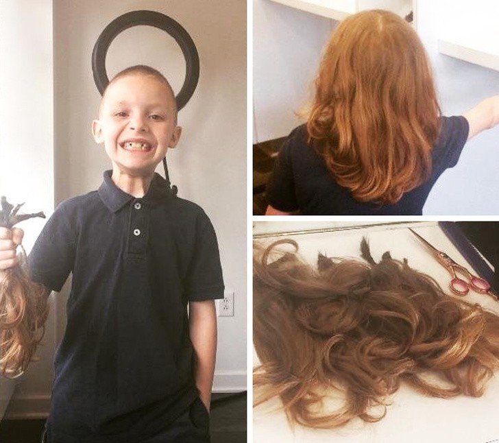 5. "Meu filho queria muito doar os seus cabelos, mas tinha um comprimento mínimo para isso. Ele deixou os cabelos crescerem e conseguiu!"