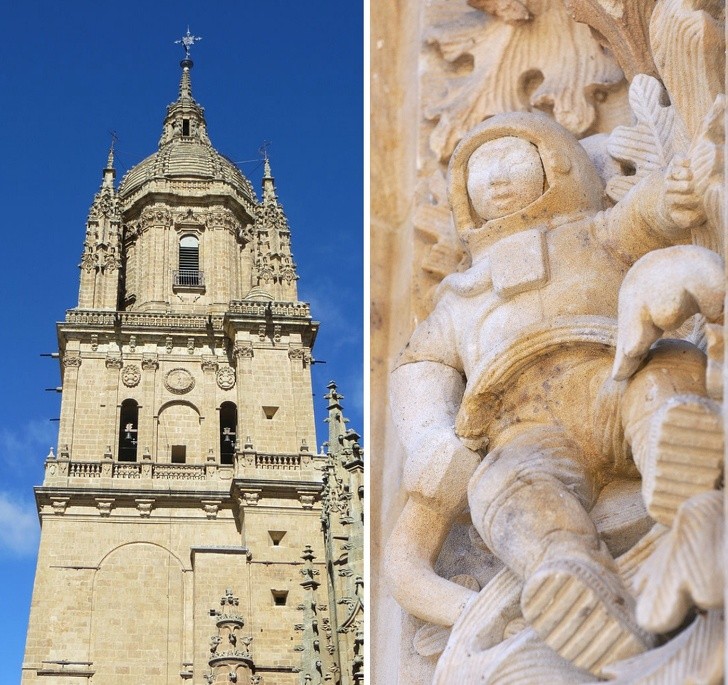 1. Ein moderner Astronaut auf der neuen Kathedrale von Santa Maria der Himmelfahrt in Salamanca