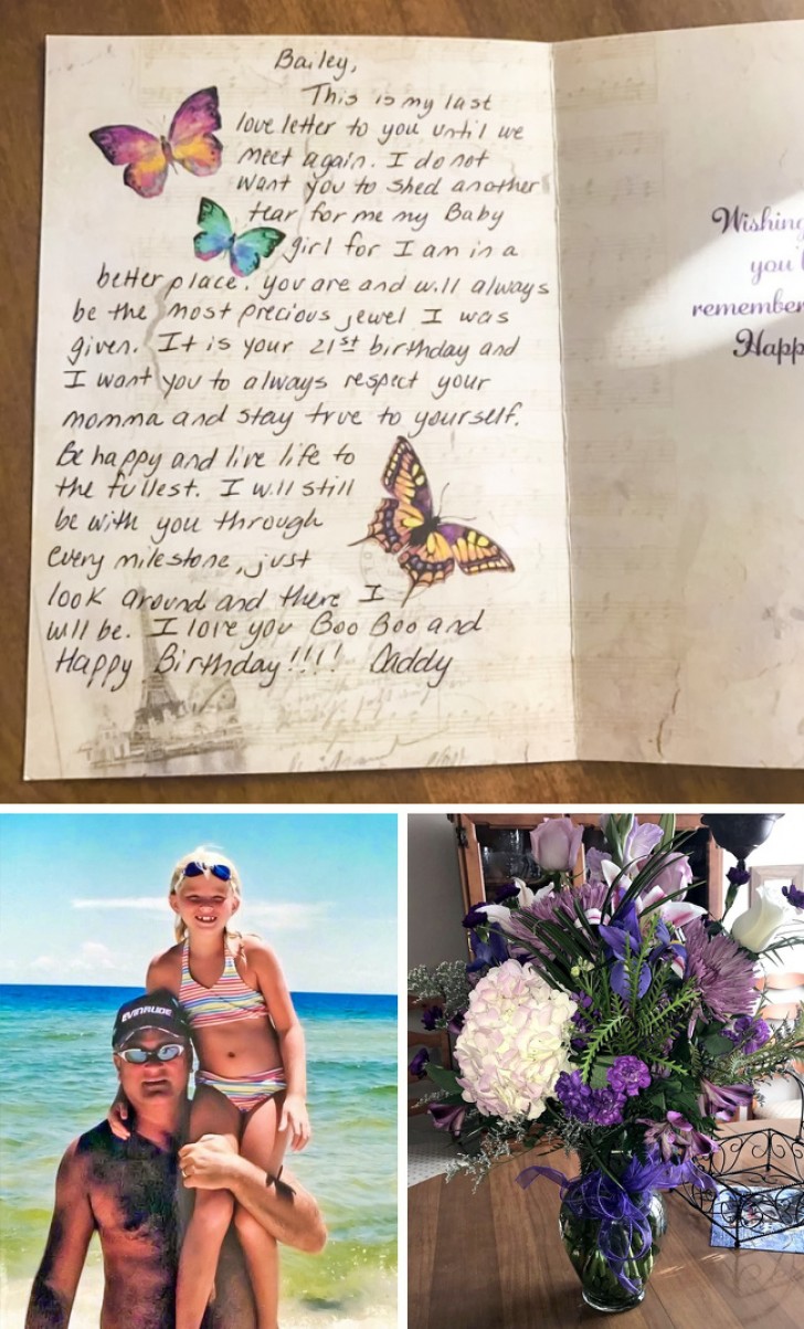 23. Ieder jaar krijgt ze bloemen en een brief van haar vader, die stierf toen ze 16 jaar was, die hij besteld en geschreven had. Dit is voor haar 21e verjaardag en zal het laatste kado zijn.