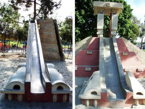 In deze speeltuin in Los Angeles had je een glijbaan in Azteekse stijl... van cement