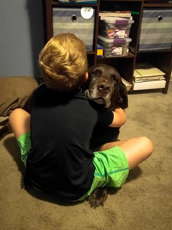 My son loves hugs. At first, our dog was not very happy, but now he seems to like it ... <3