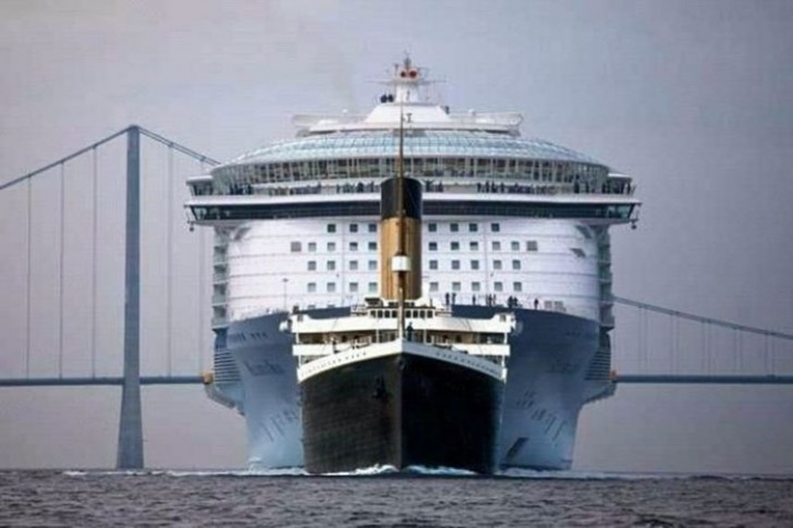7. Sarà anche stato il più grande transatlantico esistente nel 1912, ma questa è la dimensione del Titanic rispetto ad una nave da crociera moderna