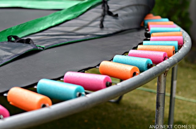 Make a trampoline safer by covering the metal springs with PVC floating tubes.