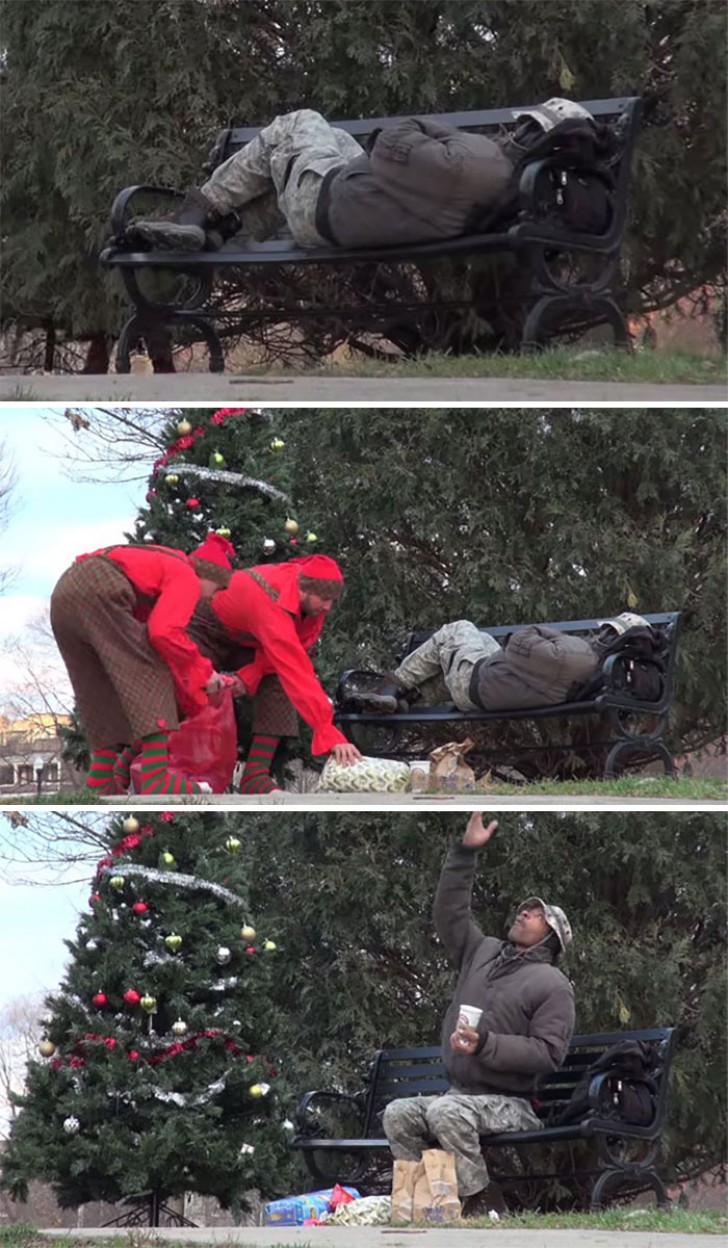 Weihnachtselfen schenken Obdachlosen ohne ihr Wissen ein Geschenk.
