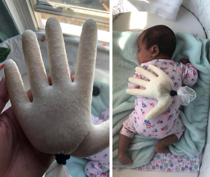 3. Le contact est important pour un nouveau-né : pour qu'il se sente protégé pendant que vous vous occupez d'autres choses, vous pouvez utiliser un gant rempli de riz.
