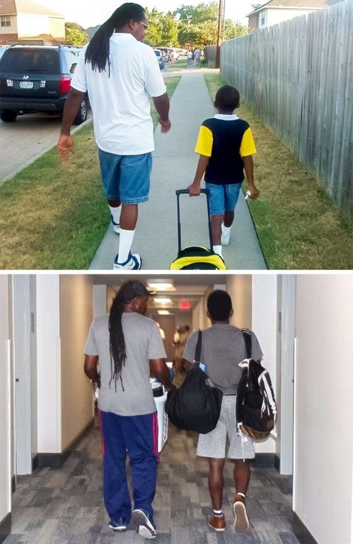 5. The first day of kindergarten and now the first day of college! One thing is constant, namely, the presence of his father by his side.