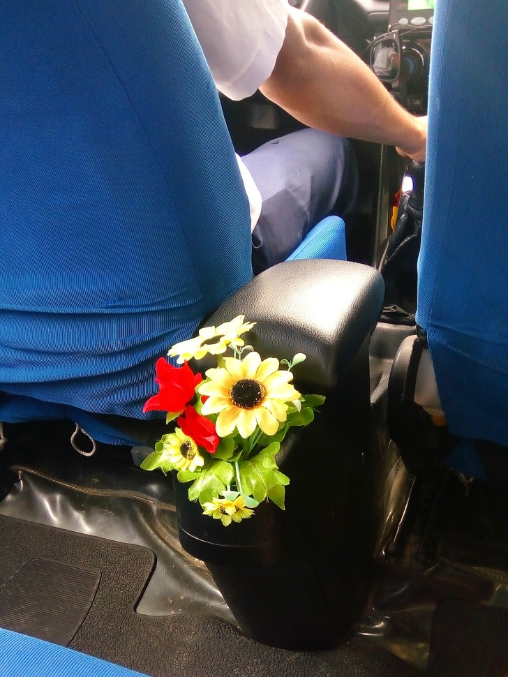 "Ce chauffeur de taxi écoute de la musique hippie et a mis un bouquet de fausses fleurs à la place du cendrier."