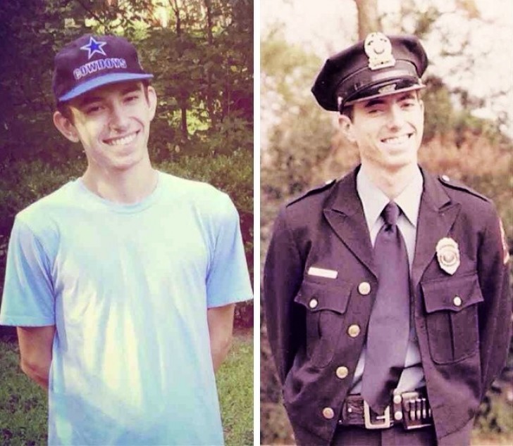 2. Dieselbe Person in seiner Freizeit und bei der Arbeit? Nein, der Sohn im Jahr 2014 und der Polizistenvater im Jahr 1977.
