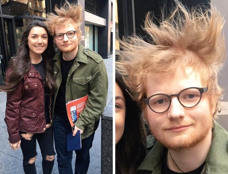 7. Ed Sheeran heeft zijn kapsel niet veranderd, maar door een plotse windvlaag kreeg de foto met een fan wel meer glans