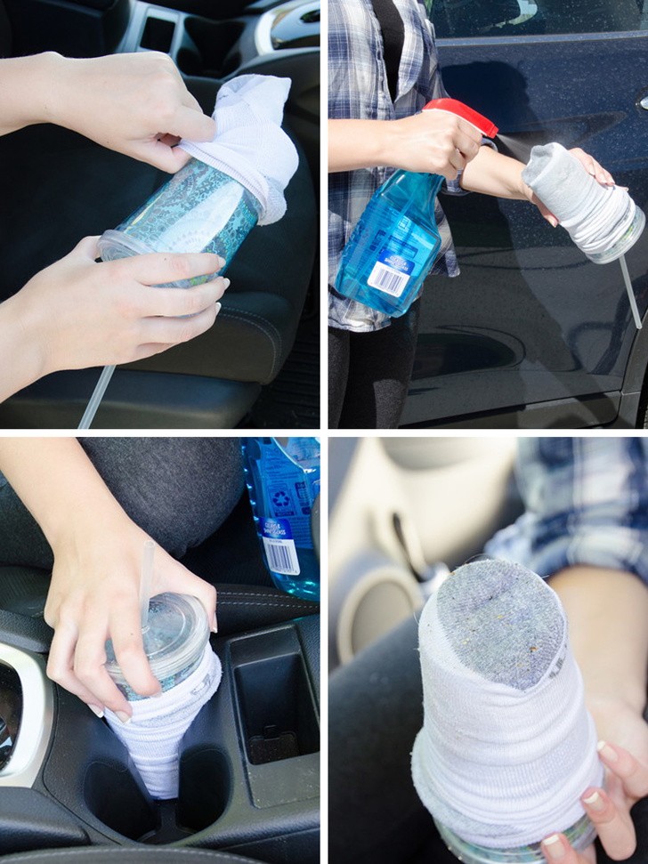 3. What is better than a cup to clean a cup holder? Wrap a sock around it, and possibly spray it lightly with a liquid detergent.