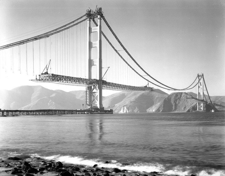 9. Le Golden Gate Bridge en construction, San Francisco, 1937.