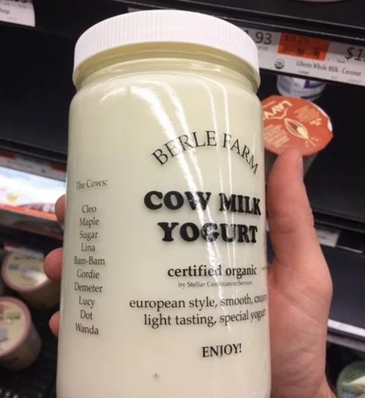7. Dieses Joghurtglas trägt den Namen der Kühe, die die Milch produziert haben