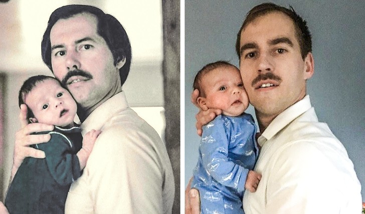 4. "Ich habe ein Foto von vor 30 Jahren mit meinem Vater und mir im Alter von 5 Wochen nachgestellt. Das sind ich und meine 5 Wochen alte Tochter."