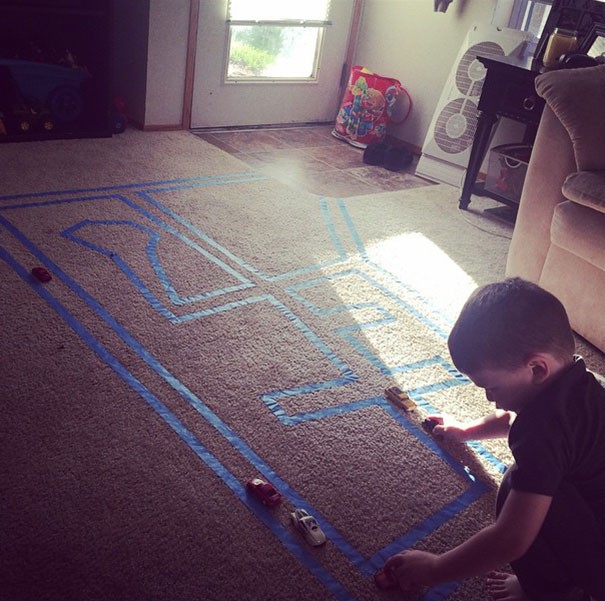 11. Build a race track for toy automobiles with duct tape on a carpet.