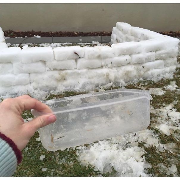 6. With a plastic container, you can make snow bricks.