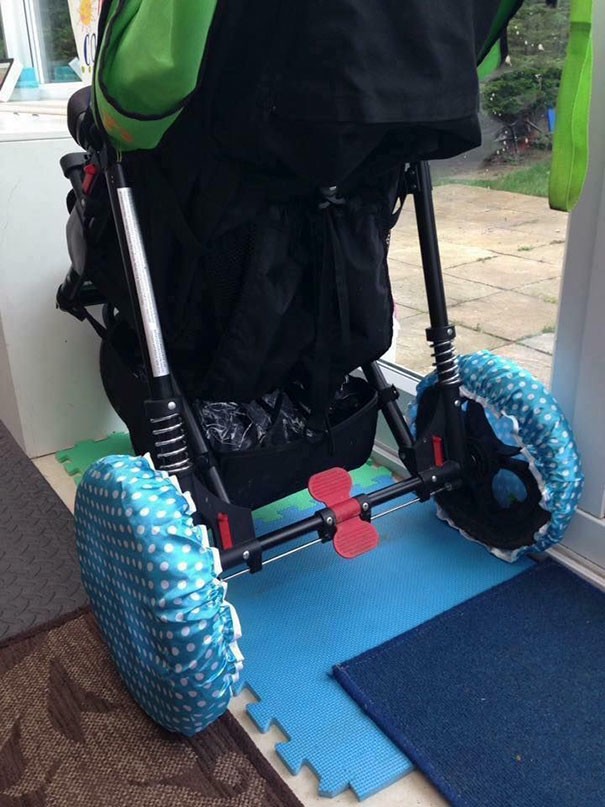 9. Shower caps are useful for covering the wheels of a baby stroller, if you have to use or store it in your house.