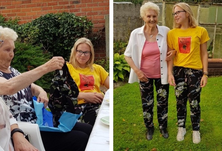 7. At the age of 87, she received the same pants as her 17-year-old granddaughter as a birthday gift!