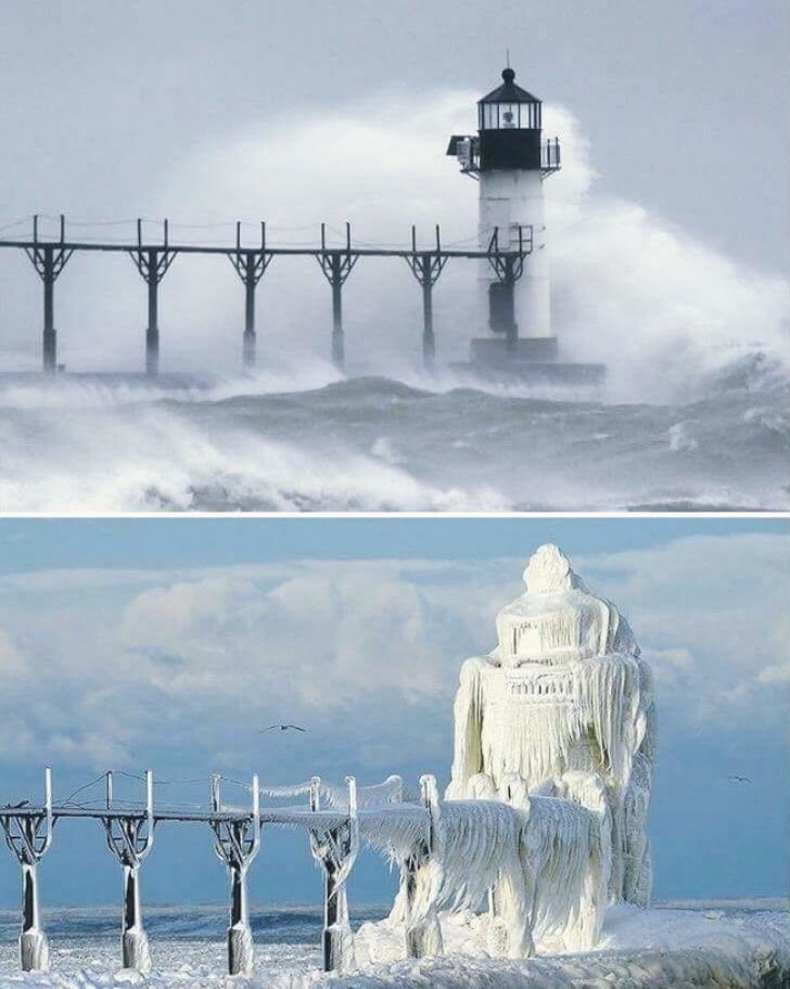 17. So sieht ein Leuchtturm in Michigan vor und nach dem Sturm aus