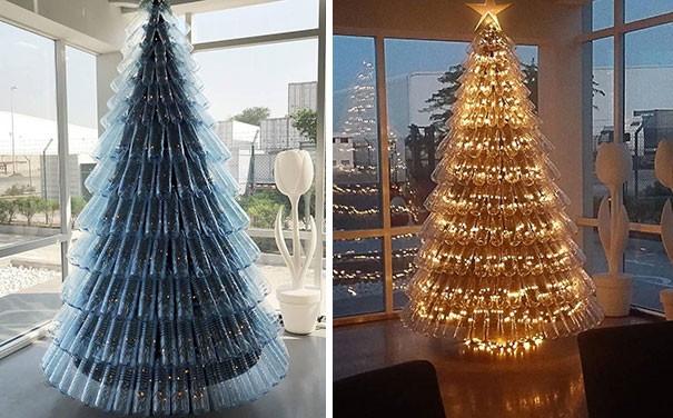 Kerst in het teken van hergebruik: deze boom is gemaakt van gebruikte plastic flessen.