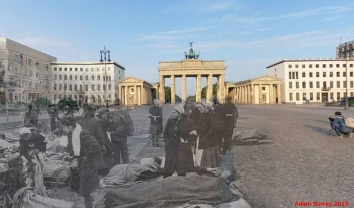 3. Am Brandenburger Tor in Berlin kümmern sich Krankenschwestern um die Verletzten. Dies war eines der Gebiete, das am stärksten von den Bombardierungen der Alliierten betroffen war.