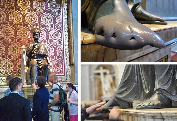 7. Le pied de la statue de la basilique Saint-Pierre (Cité du Vatican) a été érodé au fil des ans par les touristes (on dit que toucher le pied de Saint Pierre porte bonheur)