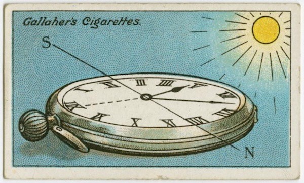 11. To turn a watch or clock into a compass, position it so that the hour hand points toward the sun. Then lay a piece of wire or a blade of grass crosswise between the hour hand and the number twelve. The end of the wire between the twelve and the hour hand points due south.