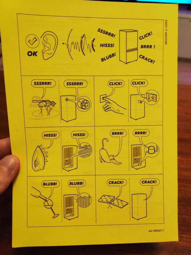 13. Anweisungen, die erklären, welche Geräusche bei normalem Betrieb eines Kühlschranks zu erwarten sind