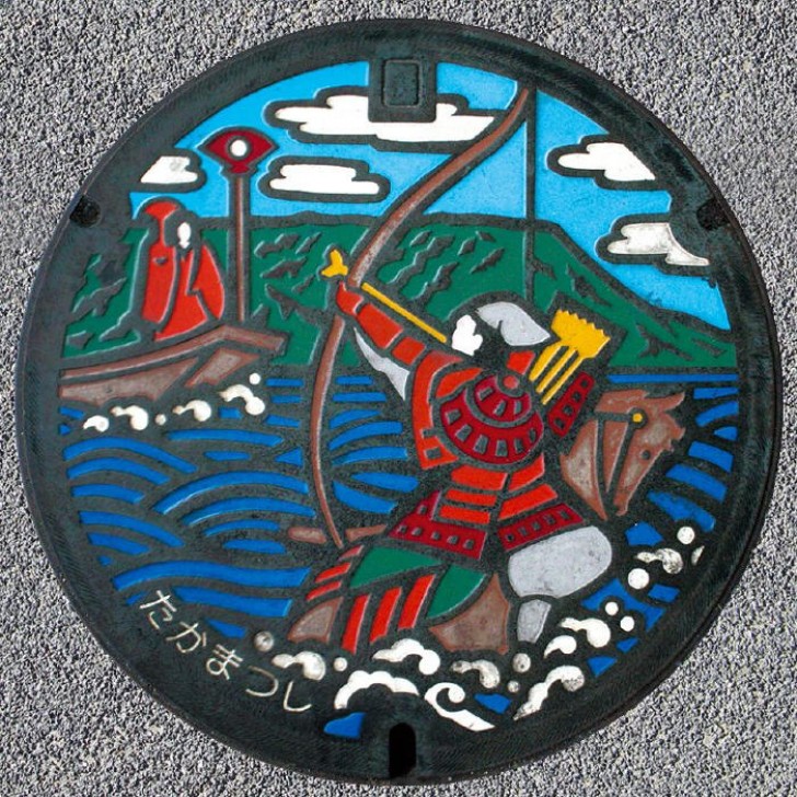 Das legendäre Bogenschießen der Samurai Nasu no Yoichi des Minamoto-Clans während der Schlacht von Yashima, in der Nähe von Takamatsu, Präfektur Kagawa