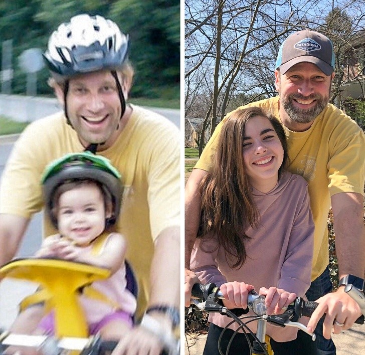 "The same shirt. The same bike. The same little girl. The same dad in love."