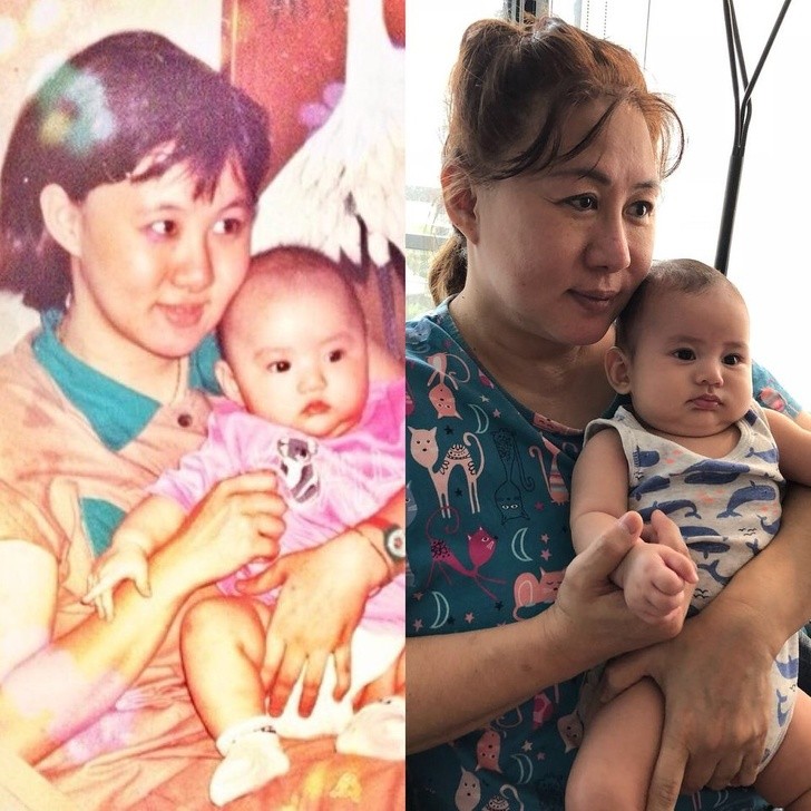 15. "Mijn moeder en mijn zus in 1989 en als oma en het eerste kind van mijn zus"