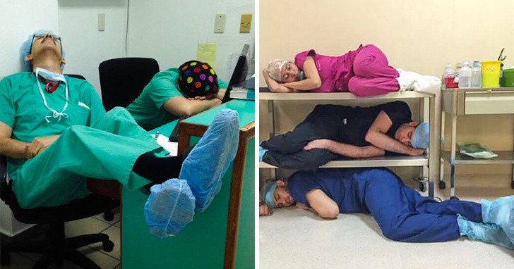 16. Artsen en verplegers: een baan die geen tijdschema kent - maar wel veel originele manieren om te slapen.
