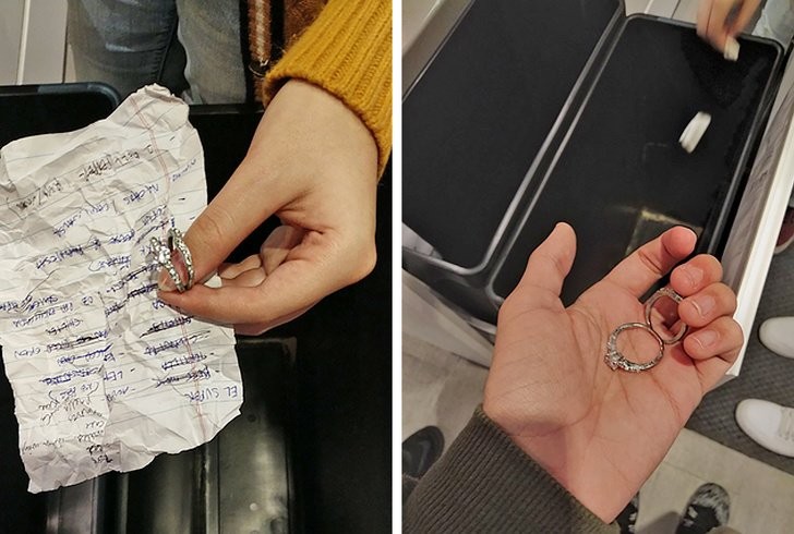 8. "Nous avons trouvé ces deux bagues de diamant dans un morceau de papier froissé dans un bac Ikea." (... On espère qu'ils les ont rendues !)