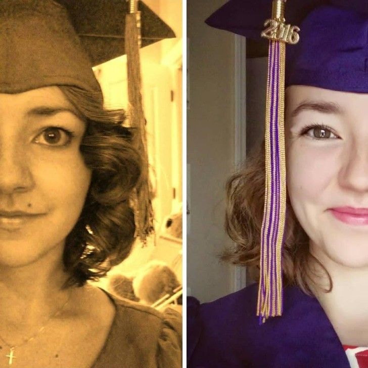 9. Photos from her high school and college graduation help her to remember those happy times with affection.