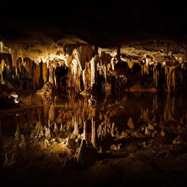 Combien de stalactites comptez-vous sur cette photo ? La moitié d'entre eux ne sont que leur reflet dans l'eau cristalline qui se trouve en dessous !