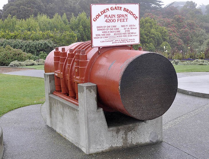 17. Die Zusammensetzung eines der vielen Metallkabel, die die Golden Gate Bridge in San Francisco (USA) tragen.