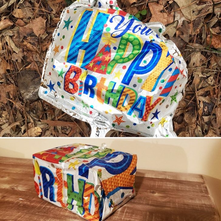 5. Ein entleerter Ballon kann wiederverwendet werden, um ein Geburtstagsgeschenk zu verpacken.
