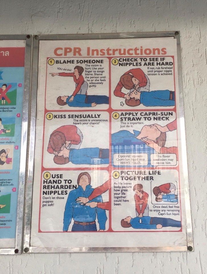 18. Questo hotel in Thailandia mostra come eseguire la rianimazione cardiopolmonare: il cartello è posto nei pressi di una piscina. 