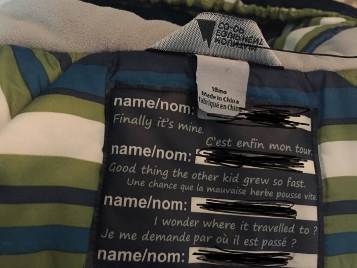 1. Questa azienda di vestiti per bambini incentiva il riciclo dei capi, creando sulle etichette gli spazi per scrivere il nome di ogni proprietario.