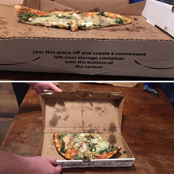 Ce carton à pizza peut être plié sur lui-même pour obtenir un plus petite boîte pour les restes.