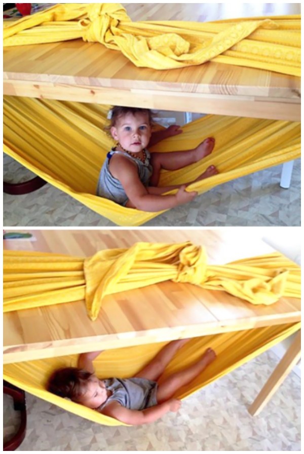 5. Non avere a disposizione un giardino e degli alberi non è una ragione per rinunciare ad comoda e divertente amaca, basta un tavolo e un lenzuolo.